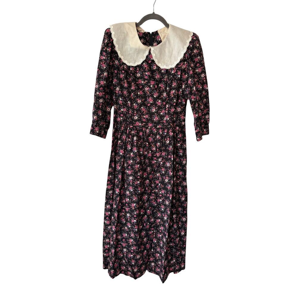Vintage Lanz Originals dress size 8 1980s floral lace collar 100% cotton black
